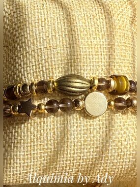 Smokey Quartz beaded bracelet duo + Stack